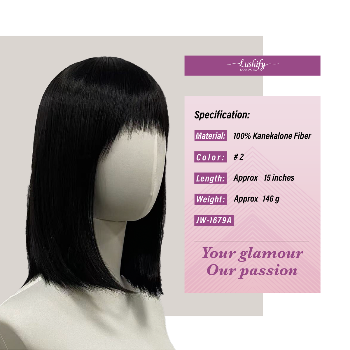 15 Inches Black ShoulderLength Bob Wigs With Bangs